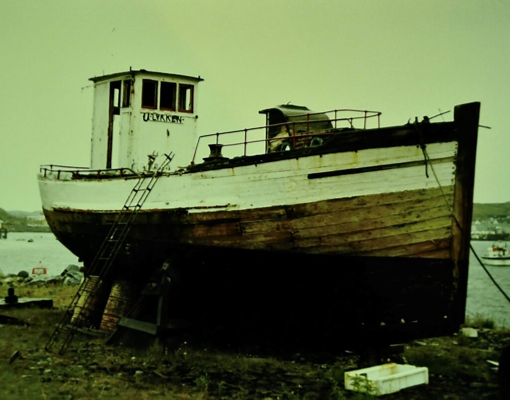 Vraket på Bugøynes. Hugo Nygård har nettopp funnet båten i 1992, og tok da dette bildet.
